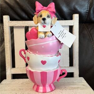 Pink and White Stacked Teacups with Puppy Figurine Valentine’s Day